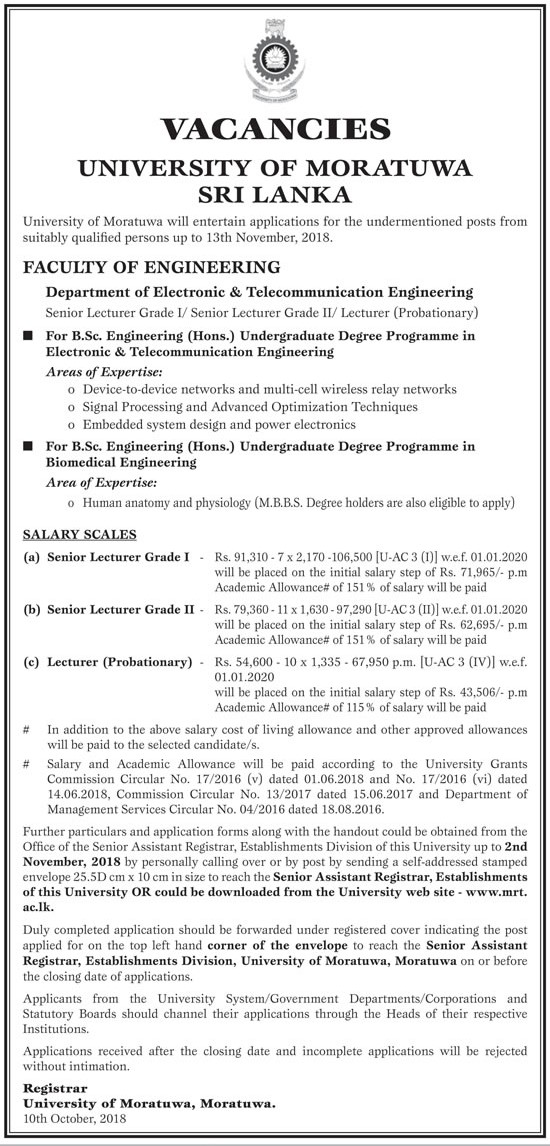 Senior Lecturer, Lecturer - University of Moratuwa